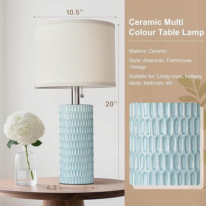 Reaketon 20.5" Modern Ceramic Table Lamps for Bedroom Set of 2, Bedside Lamps for Night Stands with Beige Lampshade, Farmhouse Table Lamp for Living Room Office Dorm, Sky Blue