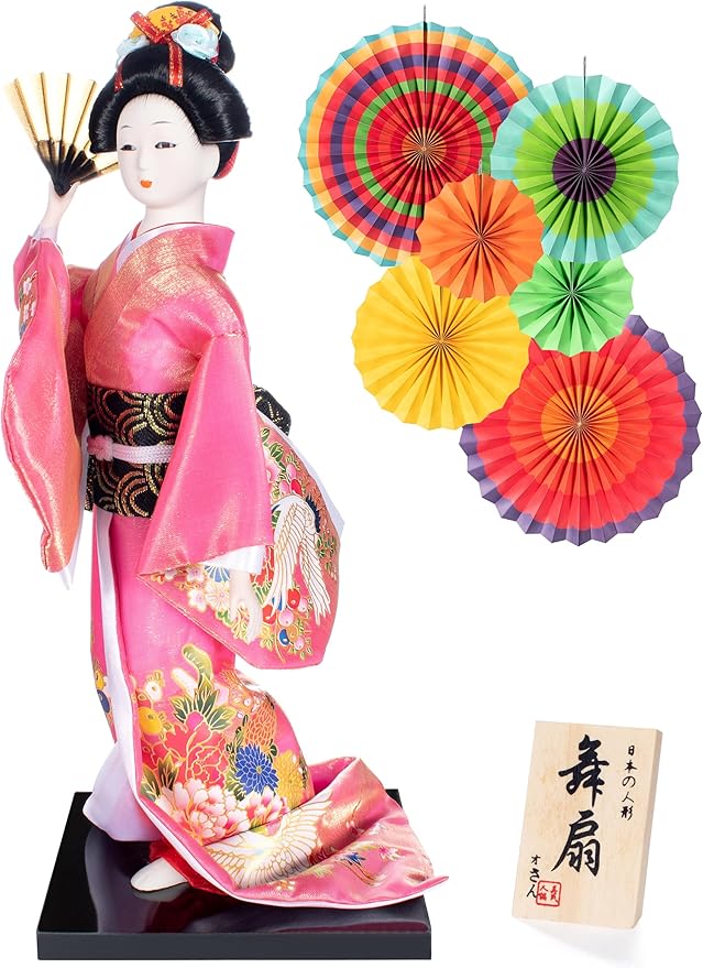 ALAMIYA Home Decoration Asian Japanese Geisha Kimono Doll Collectible Figurine Gift with Paper Fan