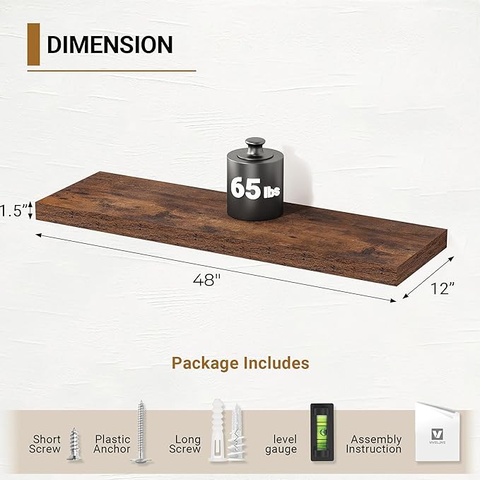 Vivelove 12 Inch Deep Floating Shelves for Wall, 48x12 Shelves with Invisible Brackets, for Living Room Bedroom, Farmhouse Rustic Shelves Home Decor, Set of 2, Rustic Brown