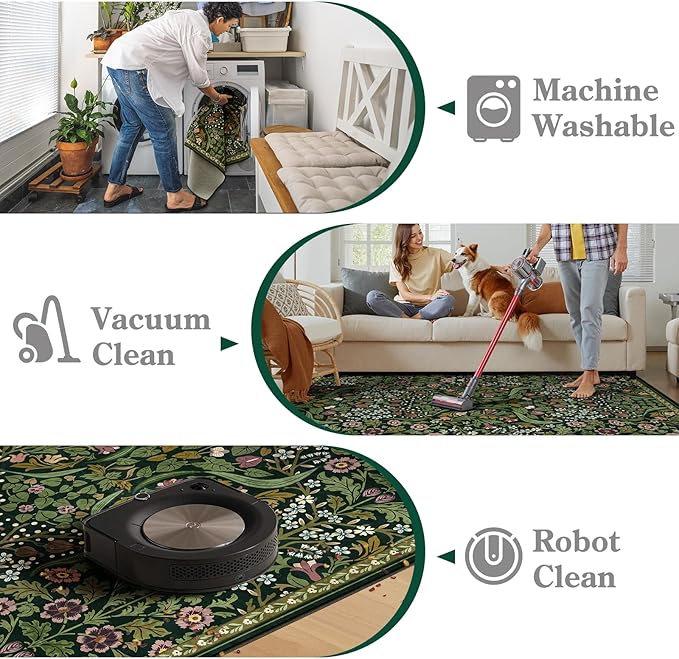 Moynesa Floral Hallway Runner Rug 2'8" x 8', Washable Non Skid Kitchen Rug, Boho Green Soft Ultra Thin Botanical Carpet Runners for Entryway Bathroom Laundry Room, Green