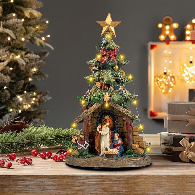 VISFLAIR 12'' Christmas Tree Lighted Manger Nativity Scene, Musical Holy Family Collectible Buildings Figurines LED Light Play Silent Night Music, Holiday Decorations Gifts for Family or Friends