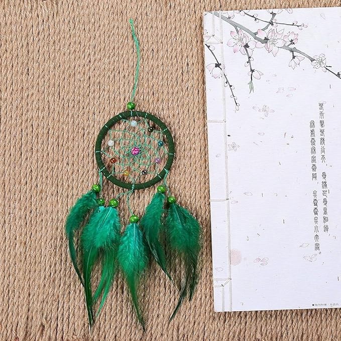 Green Small Dream Catcher with Feathers Wall Hanging Ornament Indian Style Decoration Wind Chimes for Car Home Wall Decor