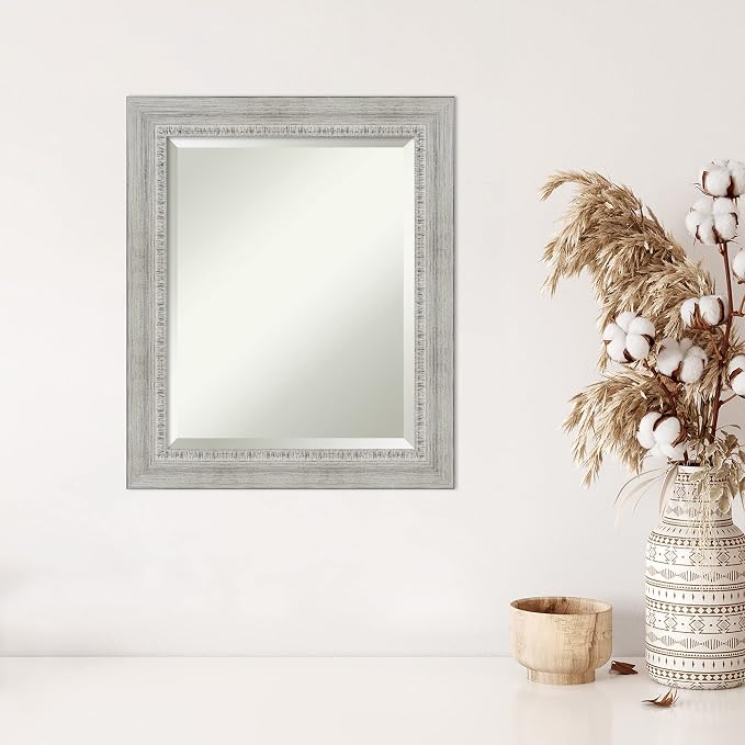 Amanti Art White Wall Mirror 24x20 Rustic White Wash Rectangle Bathroom Mirror for Wall Decor Living Room, Small Country Rustic Wood Frame, Hangs Horizonally and Vertically, Bathroom Decor, Beveled