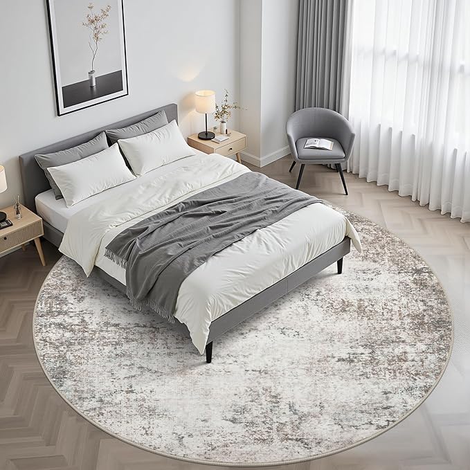 Round Area Rug for Living Room: 8 ft Washable Modern Abstract Soft Thin Rug Indoor Floor No Slip Stain Resistant Carpet for Bedroom Dining Room Farmhouse Nursery Home Office - Brown Grey