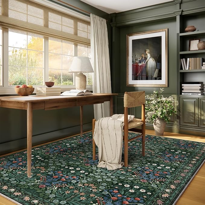 Floral Dark Green Area Rugs 5x7, Soft Washable Non-Slip Low Pile Boho Rugs for Living Room & Bedroom, Stain Resistant Forest Farmhouse Large Carpet for Dining Room & Office