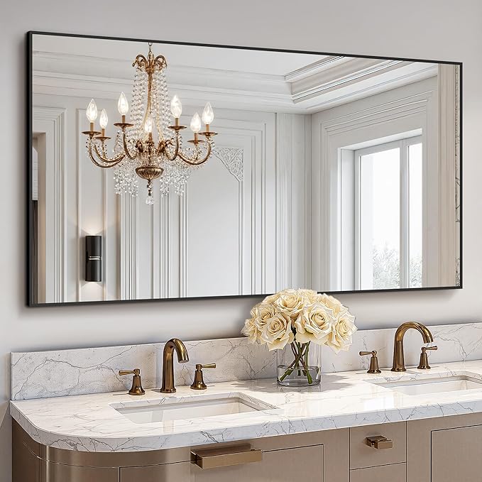 TRAHOME Bathroom Vanity Mirror for Wall, 55" x 30" Metal Framed Rectangular Bathroom Wall Mirror for Over Sink, HD Shatterproof Glass, Hangs Horizontally or Vertically(Black)