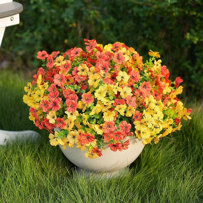 16 Bundles Artificial Fall Flowers for Outdoor Realistic Faux Flower Garden Home Decoration, Hanging Autumn Fall Decor Daisy with Eucalyptus Leaves Fake Plants Greenery Porch Patio Front Door Decors
