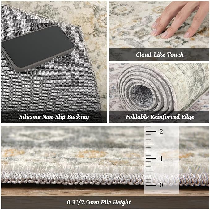 Washable 8x10 Area Rugs for Living Room, Boho Non-Slip Vintage Distress Large Rugs for Bedroom Dining Room Nursery Office, 0.3" Neutral Oriental Throw Thin Carpet, Grey/Beige/Orange/Multi