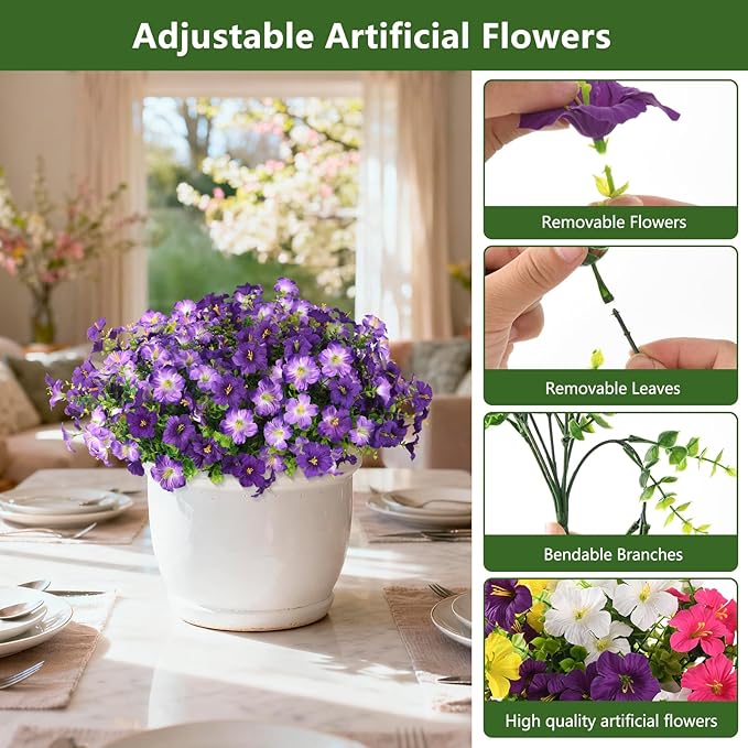 INQCMY Artificial Fake Flowers for Outdoor Spring Decoration,12 Bundles Faux Silk Colorful Morning Glory with Eucalyptus UV Resistant Realistic Fake Plants for Outside Planter Porch Patio Yard Garden