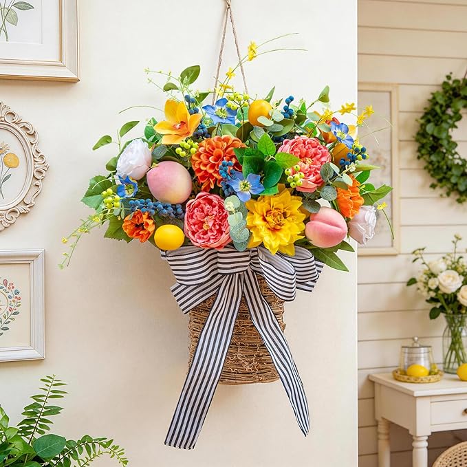 Pinkpuii Spring Summer Door Hanger Basket Wreaths for Front Door, Artificial Peony Hydrangea Flower Wreath with Blueberries & Realistic Peach & Lemon- Ideal for Home Porch Entryway Window Wall Decor