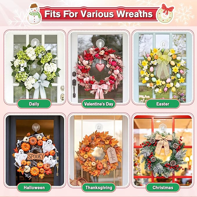 VIS'V Wreath Hanger, Large Suction Cup Wreath Hooks with Wipes, Heavy Duty, 22 LB Capacity, Removable and Reusable, Clear, 2 Pcs