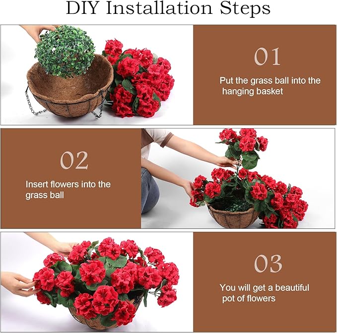 Hananona 2 Set Artificial Red Geraniums Flowers for Outdoors with Hanging Baskets, 2 Hanging Planters with 12 Pcs Red Geranium Flowers for Christmas Front Porch Garden Patio Home Decor (2, Red)