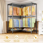 E15 Garment Rack L Shaped Clothes Rack for Corner，Freestanding Clothing Racks for Hanging Clothes，Heavy Duty Closet Organizer with 4 Hanging Rods & 8 S Hooks，43.4" W x 15.8" D x 78.4" H，Grey