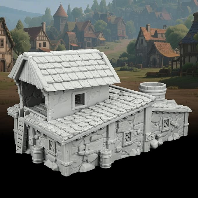 Unpainted 3D Printed Tabletop RPG Terrain–25 Scale Map Props for Trench Crusade & DND Bundle,Gable Roof Medieval Residence Scenery – Medieval Village F AF1124F