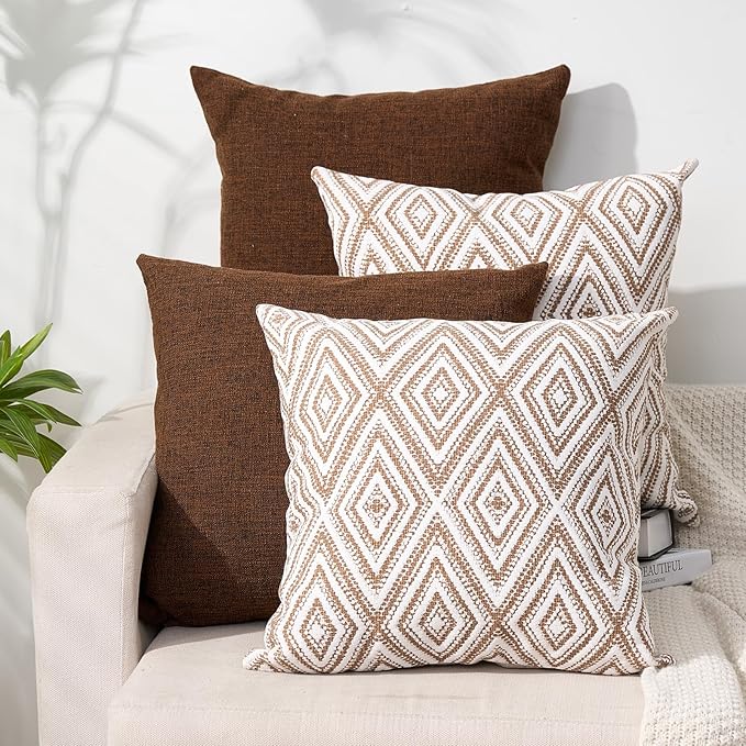 HPUK Decorative Throw Pillow Covers Set of 4 Geometric Design Linen Cushion Cover for Couch Sofa Living Room, 20"x20" inches, Chocolate