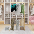 Industrial Pipe Clothing Rack, Heavy Duty Metal Clothes Rack with Double Rods, Freestanding Garment Rack for Bedroom Boutique Retail Use (Gold)