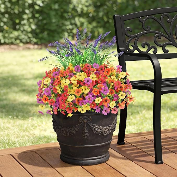 INQCMY Artificial Flowers for Outdoors UV Resistan 12 Pcs Silk Daisies with Eucalyptus Leaves and 2 Pcs Lavender Suitable for Porch Balcony Courtyard Garden (Red Lotus Orange Yellow Red)