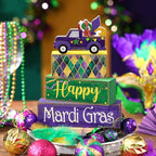 Lineshading 4 Pcs Mardi Gras Decorations Mardi Gras Table Centerpieces Wooden Truck Purple Golden Green Carnival Tiered Tray Decor Truck Block Signs for Masquerade Party Home Office Carnival Decor