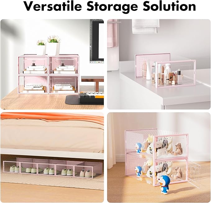 Shoe Storage Box, 15 Pack Clear Plastic Stackable Shoe Organizer for Closet, Interlocking Design Shoe Container Bins for Sneakers, Foldable Shoe Rack with Lids, Pink