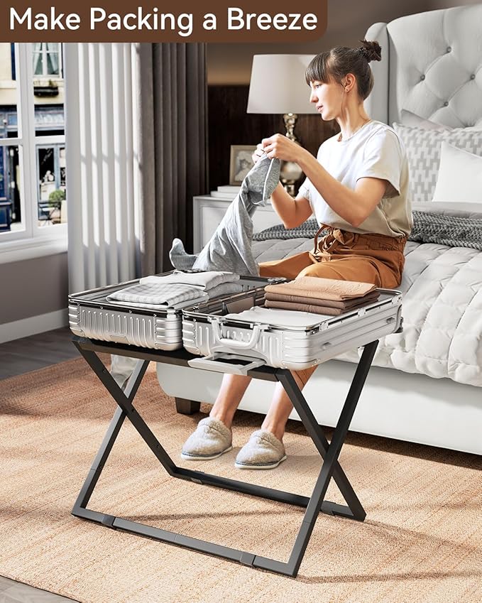 IBUYKE Luggage Rack for All Suitcase Sizes,Foldable Suitcase Stand,Metal Luggage Holder,Easy to Assemble for Bedroom Living Room Hotel,Black TLR001B-2