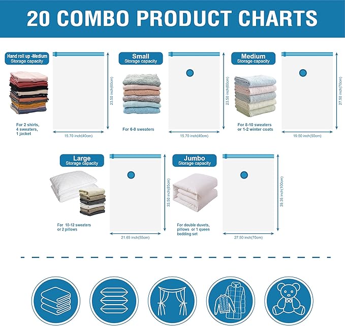 Cozy Essential Vacuum Storage Bags, Compression Space Saver Bags for Clothes, Comforters, Blankets, Pillow, Bedding, Sealer Clothing Storage,20 Combo