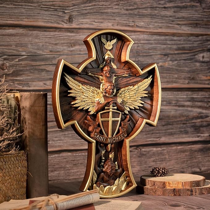 BGCOPPER Saint Michael Cross Wall Decor, Wooden Holy Trinity Crucifix Wall Cross, Jesus Cross for Wall Hanging Christmas Gift (10 Inch)