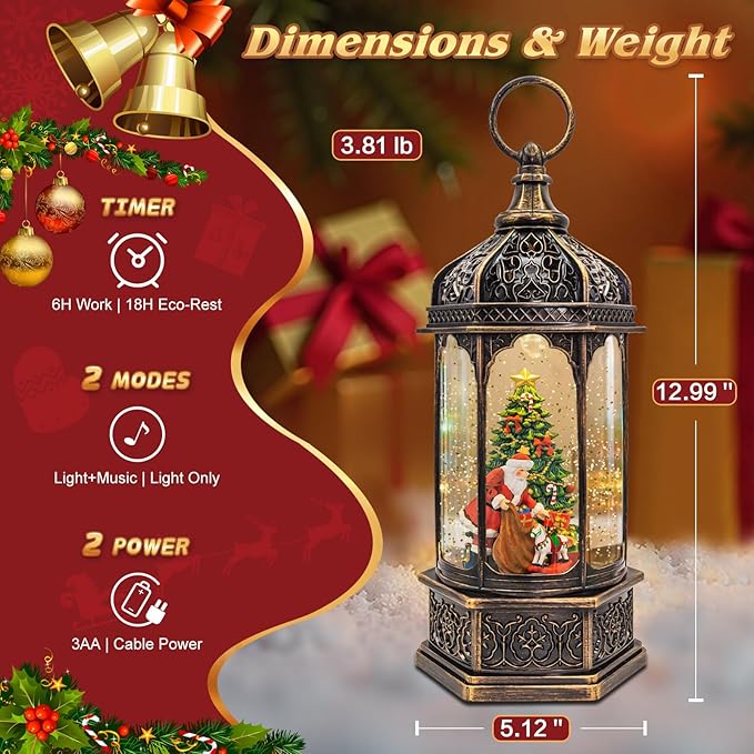 Large Musical Santa Christmas Tree Snow Globe - Lighted Christmas Snow Globes with Swirling Glitter, LED Lights, 8 Holiday Songs, 6-Hour Timer, USB or Battery Powered, Xmas Holiday Decoration Gift