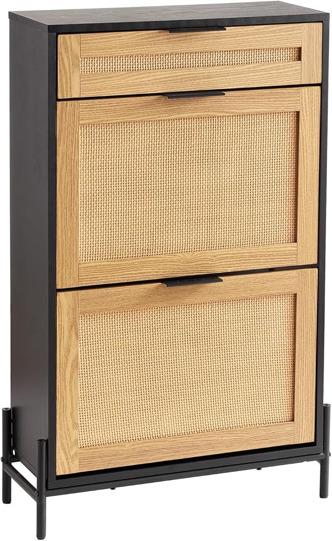 VEVOR Rattan Shoe Cabinet, Narrow Shoe Storage Organizer with 2 Flip Rattan Drawers & 1 Slide Drawer, Metal Legs, Slim Shoe Entryway Cabinet Ideal for Entryway, Closet, Hallway, Black