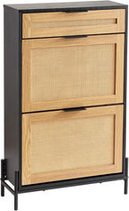 VEVOR Rattan Shoe Cabinet, Narrow Shoe Storage Organizer with 2 Flip Rattan Drawers & 1 Slide Drawer, Metal Legs, Slim Shoe Entryway Cabinet Ideal for Entryway, Closet, Hallway, Black