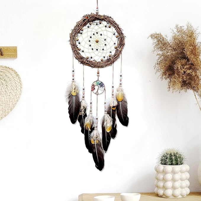 Tree of Life Dream Catcher, Handmade Woven Traditional Craft Rattan Dream Catchers Wall Hanging Ornament,7 Chakras Crystal Healing Stones Art for Bedroom Decor, Festival Blessing Gift (Dark Brown)