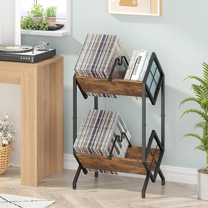 RUILALIFE 2-Tier-Vinyl-Record-Storage-Holder With Dividers, Metal Album storage for vinyl records display Shelf, Vintage 160-200 LP Storage Shelf Stand