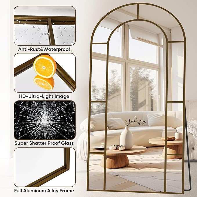 Antok 81" x 41" Full Length Mirror, Floor Mirror Arched Window Decorative Mirror, Metal Framed Decor Farmhouse Floor Mirrors Art Pane Mirrors Wall Decor for Bedroom, Living Room, Entryway Black
