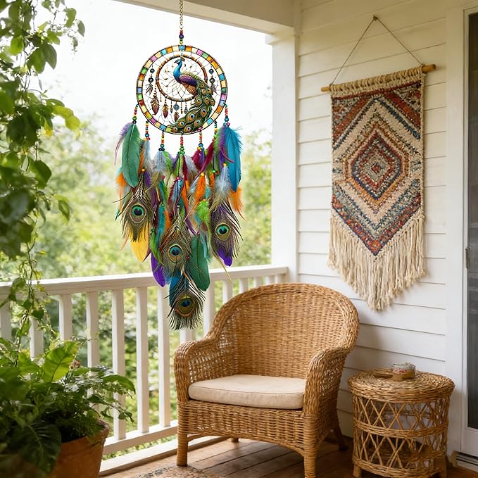 Dream Catcher Wall Hanging Decor for Bedroom Aesthetic, Handmade Traditional Wall Art with Feathers for Living Room, Nursery, Good Vibes Gift for Women,Girls,Home Decoration Wedding Party (Peacock)