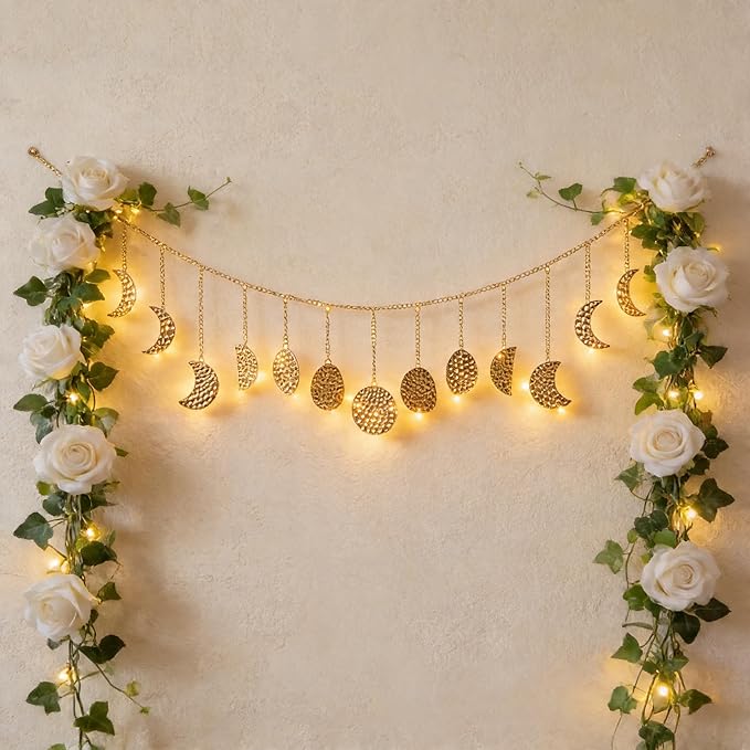 Boho Moon Phase Wall Hanging, Gold Hammered Metal LED Celestial Garland for Bedroom Witchy Home Christmas Decor