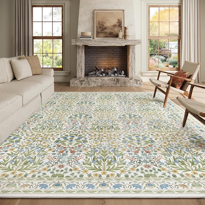 Washable 8x10 Area Rug - Light Green Oriental Design for Living Room, Bedroom, Dining Room & Under Kitchen Table - Stain Resistant, Non-Slip Large Rug
