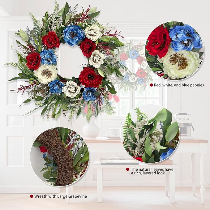 24 Inch Patriotic Wreaths for Front Door, 4th of July Wreaths for Front Door, Peony Eucalyptus Patriotic Summer Flag Wreath Handcrafted Memorial Day Artificial Flowers Wreath for Indoor and Outdoor
