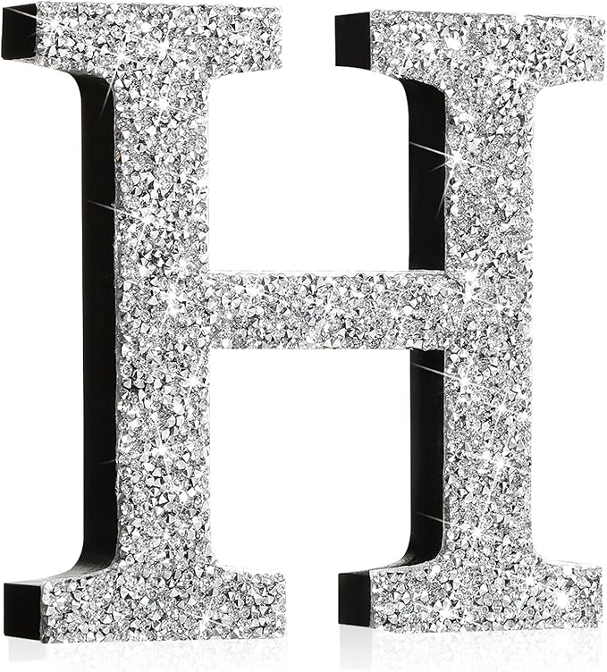 Qunclay 8'' Silver Crystal Diamond Bling Letters Crushed Diamond Decoration Wooden Glitter Letter with Screw and Hooks Rhinestone Gift for Wedding Y2k Mcbling Bedroom Wall Decor (Letter H)