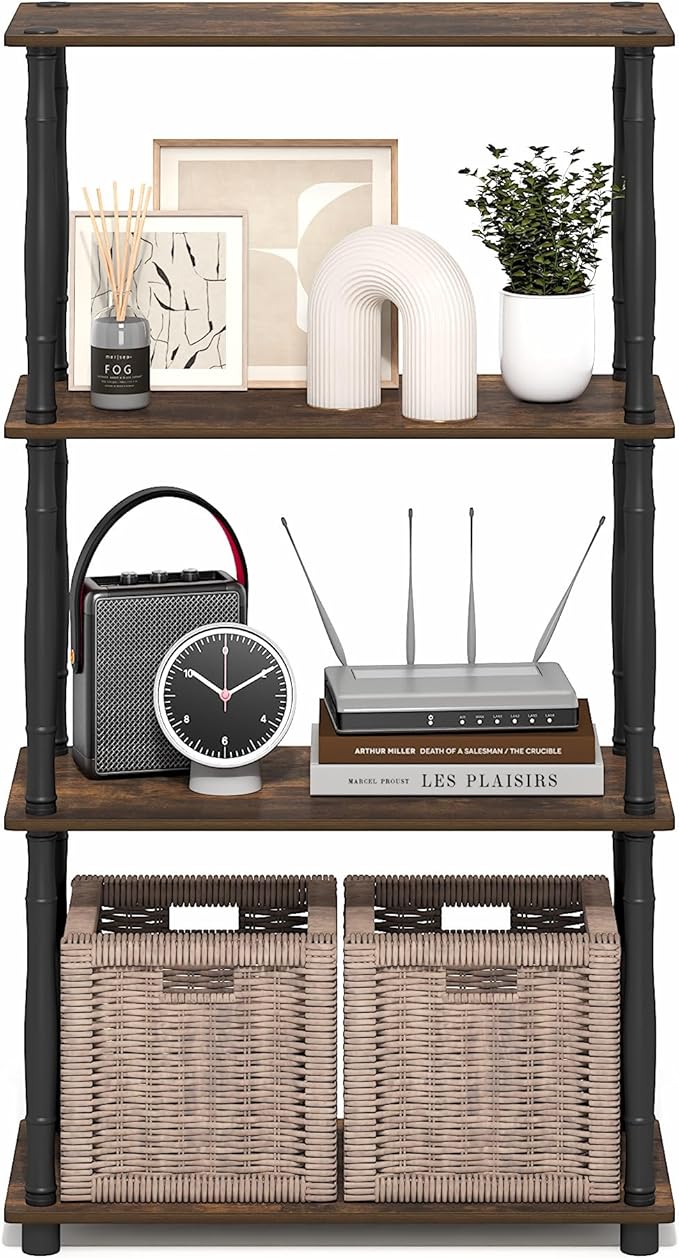 Furinno Turn-N-Tube Storage Shelves, 4-Tier Open Frame Book Shelf, Standing Corner Shelf, Toolless Open Shelves, Classic Tubes, for Organization and Storage, Living Room, Home Office, Amber Pine