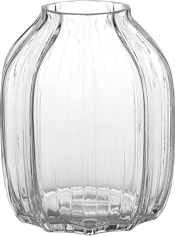 Large Clear Glass Ribbed Vase - 8.0" Decorative Tall Vase for Home Table Centerpieces and Farmhouse