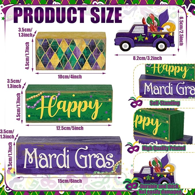 Lineshading 4 Pcs Mardi Gras Decorations Mardi Gras Table Centerpieces Wooden Truck Purple Golden Green Carnival Tiered Tray Decor Truck Block Signs for Masquerade Party Home Office Carnival Decor