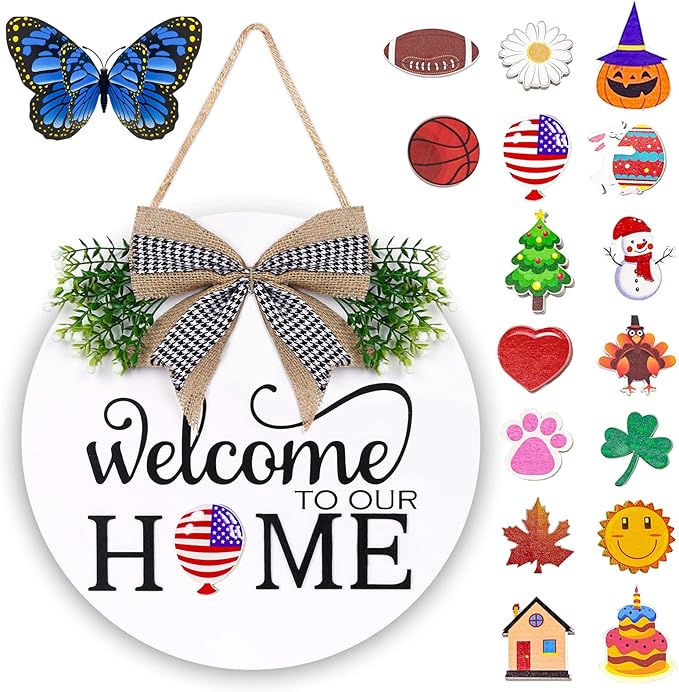 Interchangeable Welcome Sign for Front Door - Solid Wooden Welcome Wreaths with 16 Seasonal Holiday Icons Front Door Decor for Farmhouse Hanging, Valentine's, Easter Christmas Housewarming Gift Decor