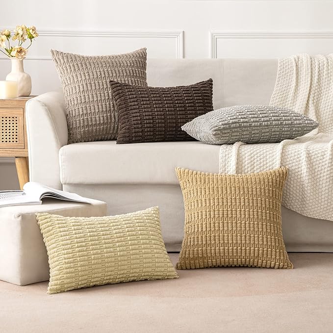MIULEE Pack of 2 Corduroy Decorative Throw Pillow Covers 12x12 Inch Soft Boho Striped Pillow Covers Modern Farmhouse Home Decor for Sofa Living Room Couch Bed Light Brown