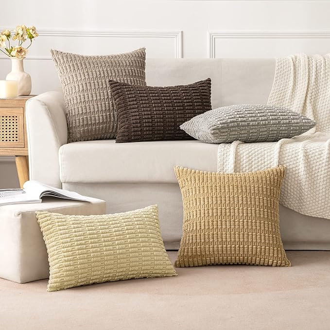 MIULEE Pack of 2 Corduroy Decorative Euro Sham Throw Pillow Covers 26x26 Inch Soft Boho Striped Pillow Covers Modern Farmhouse Home Decor for Sofa Living Room Couch Bed Light Brown