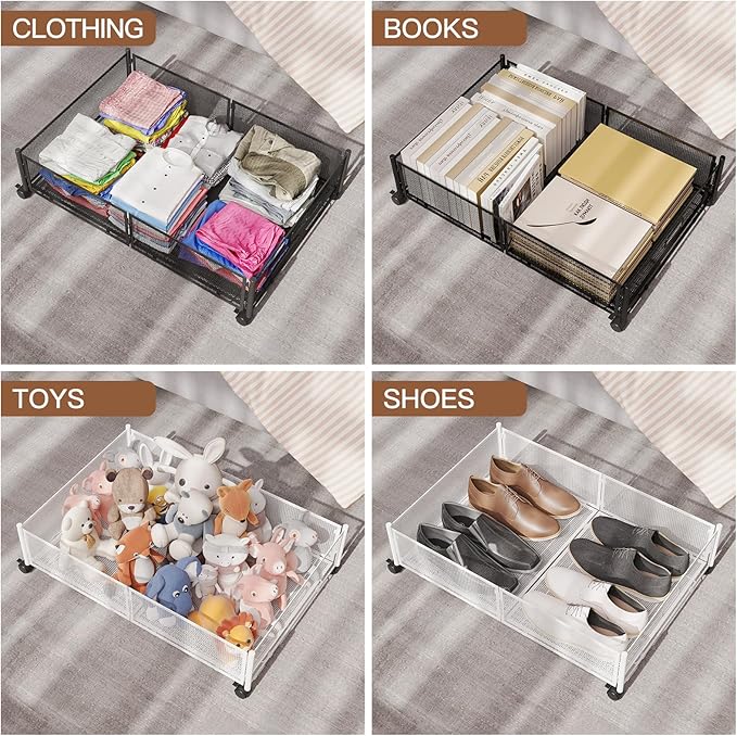 Under Bed Storage with Wheels, Foldable Metal Mesh Underbed Storage Container Bins, Tool-free Assembly Clothes Drawer Organizer, 2Pack