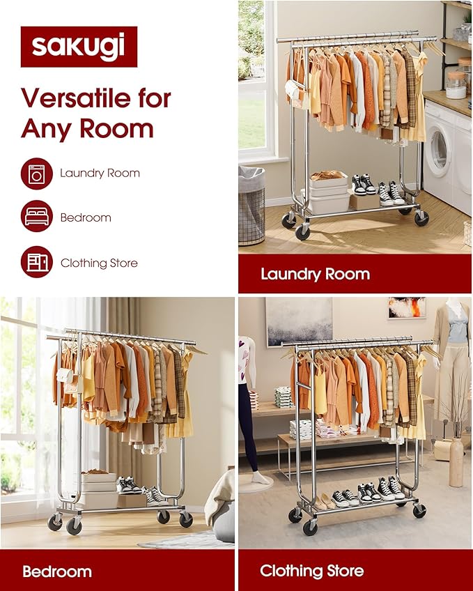 Heavy Duty Stainless Steel Rolling Clothes Rack with Mesh Shelf, Lockable Wheels & Anti-Slip Stoppers, Large Capacity Clothing Organizer for Bedroom, Laundry Room, 43.5" x 16.5" x 65.9", Silver