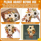 Thiccywoov 2-Pack Fall Teardrop Swags 20‘' Harvest Teardrop Decoration with Mixed Pumpkins, Sunflowers, Berries & Rustic Burlap Bows, Autumn Wreath for Front Door Home Decor(Fall)