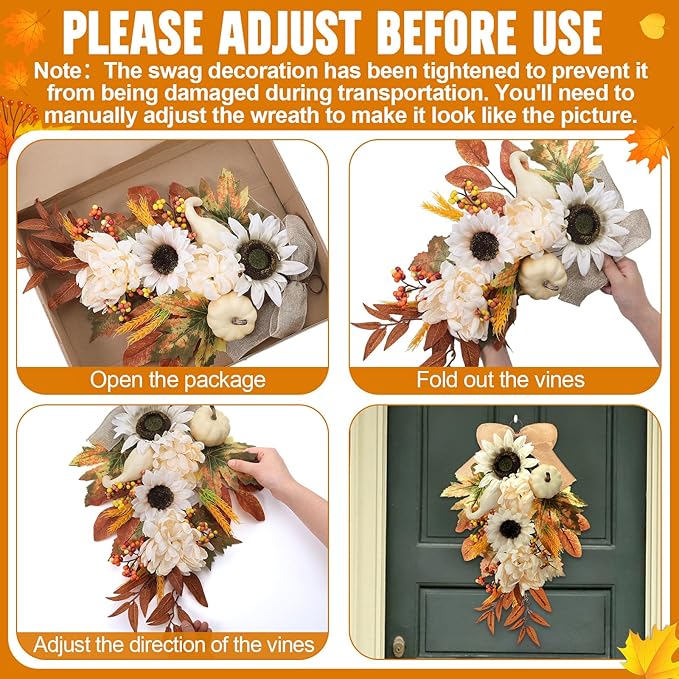Thiccywoov 2-Pack Fall Teardrop Swags 20‘' Harvest Teardrop Decoration with Mixed Pumpkins, Sunflowers, Berries & Rustic Burlap Bows, Autumn Wreath for Front Door Home Decor(Fall)