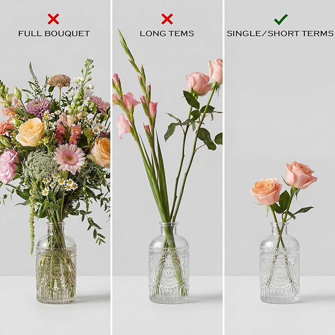 Kingrol 12 Pack Mini Glass Bud Vases, Small Clear Flower Vases for Single Stems, 4.9 Inch Vintage Embossed Bottles for Home Shelf, Bathroom & Desk Decor