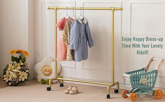 Kids Clothing Racks,Child Dress up Racks with Hooks, Metal Pipes Costumes Garment Hanging Racks,Small Rolling Clothes Racks,Freestanding and Portable Heavy Duty Kids Closet,Gold