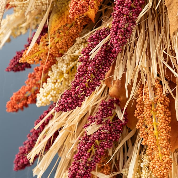 Glitzhome 28'' Artificial Fall Teardrop Swag, Autumn Harvest Multi-Colored Sorghum Door Swag, Hanging Flower Wreath for Thanksgiving Fall Front Door Window Wall Decor